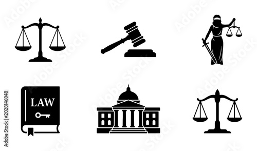 Bild auf Leinwand Law Icons Set: Justice Scales, Gavel, Lady Justice, Law Book, Courthouse Vector