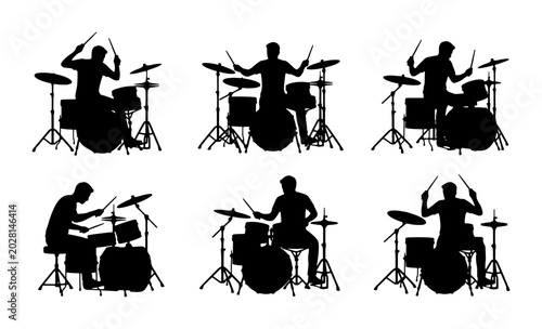Fotografie Drummer Silhouettes Set: Musician Playing Drums, Rock Band Performance, Percussi