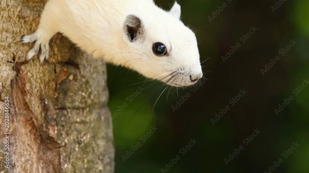 Fototapeta premium Close-Up of a Rare White Squirrel Peering from a Tree Trunk