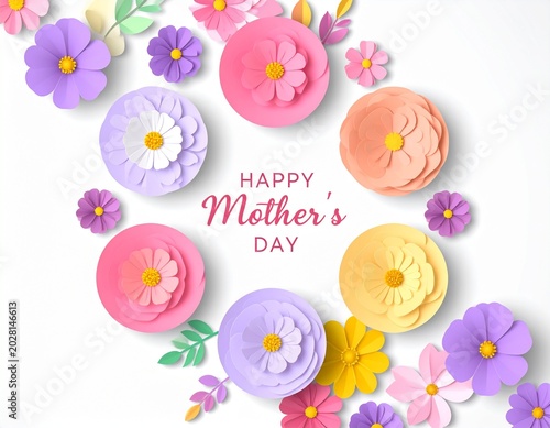 Elegant Mother’s Day greeting card featuring colorful paper flowers and pink background, ideal for holiday promotional designs.