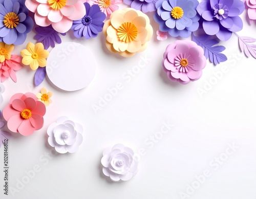 Elegant Mother’s Day greeting card featuring colorful paper flowers and pink background, ideal for holiday promotional designs.
