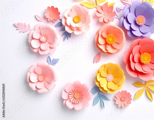 Elegant Mother’s Day greeting card featuring colorful paper flowers and pink background, ideal for holiday promotional designs.
