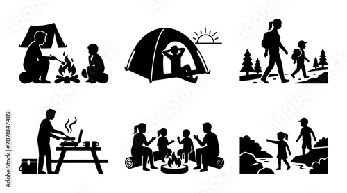 Foto Family Camping Icons, Outdoor Adventure Silhouettes, Nature Recreation Graphics,