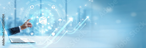 Εκτύπωση καμβά Businessman touching virtual interface with Distribution and automated supply chain logistics networking