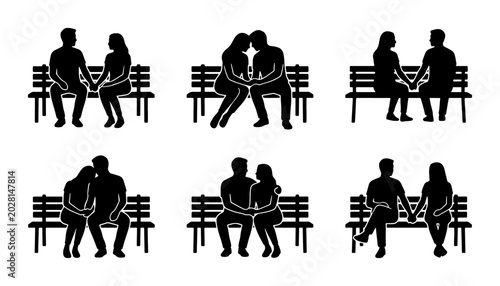 Tableau sur toile Couple Sitting on Bench Holding Hands Silhouettes