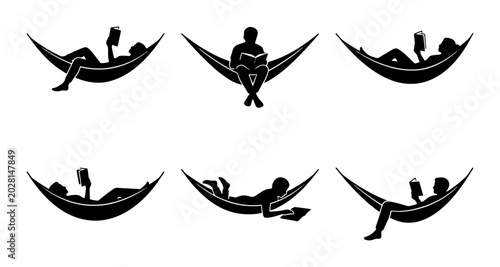 Konstfotografi People Reading Books in Hammocks Silhouettes