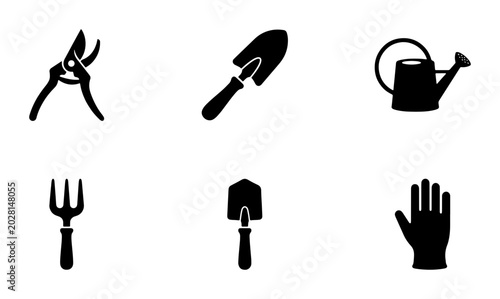 Schilderij op canvas Gardening Tools Icons Set, Vector Black Silhouette Collection for Outdoor Work a