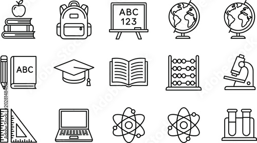 Photos Minimalist Education and School Science Outline Line Icon Set Featuring Backpack