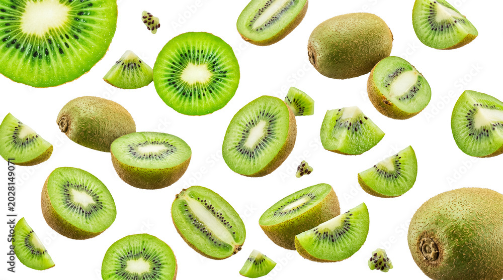 Fototapeta premium Bright fresh green kiwifruit, presenting whole and meticulously sliced halves.