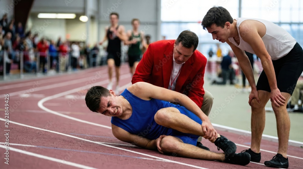 Fototapeta premium Coach helping injured male runner on track. Young athlete in pain with leg injury during competition. Professional medical support and first aid for sportsman. Healthcare and recovery.