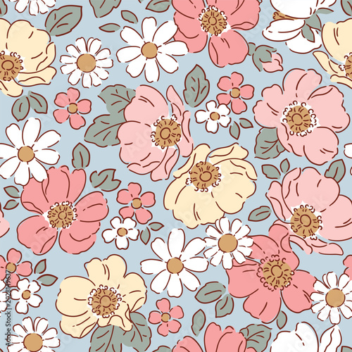 Hand drawn liberty roses. Seamless vector pattern. Tiny loose floral design on isolated background. Perfect for textile, wallpaper or nursery print design.
