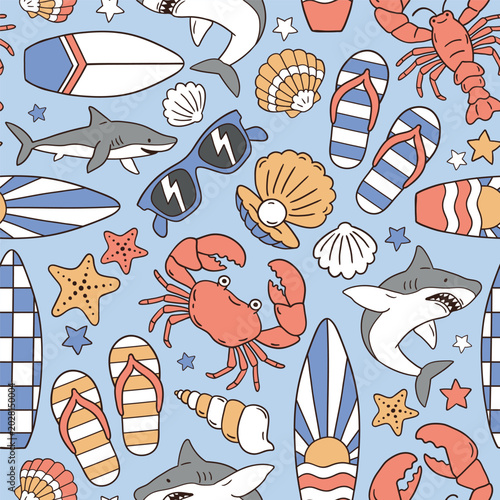 Seamless vector pattern with surfboard, palm trees, shark, crab, lobster and beach accessories. Hand drawn surf lifestyle illustration. Perfect for textile, wallpaper or nursery print design.