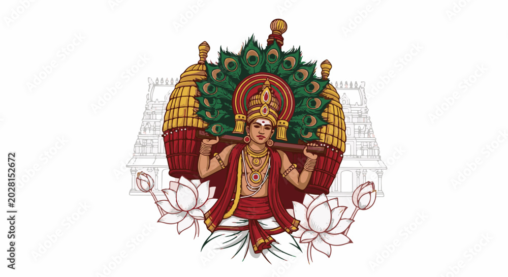 Obraz premium A richly adorned figure with peacock feathers and lotus flowers stands before a temple structure