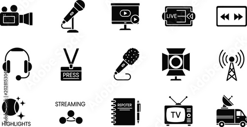 Broadcasting and media production icon set black and white glyphs