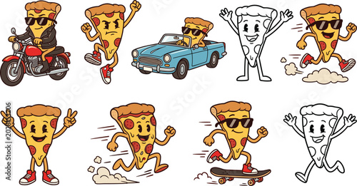 Bild auf Leinwand retro cartoon pizza slice character mascot set with funny vintage style running