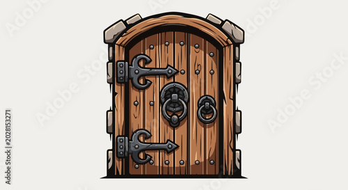 A rustic, arched wooden door with heavy iron hinges and ring knockers