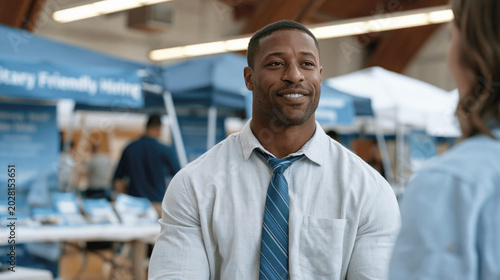 Veteran in civilian clothes speaks with recruiter at community job fair, surrounded by employer booths promoting military-friendly hiring and career reintegration support.