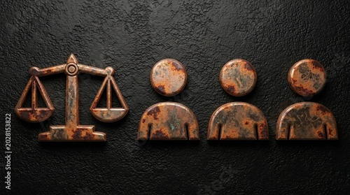 An aged, rusty metallic scales of justice icon next to three abstract human figures on a textured dark background with dramatic lighting.