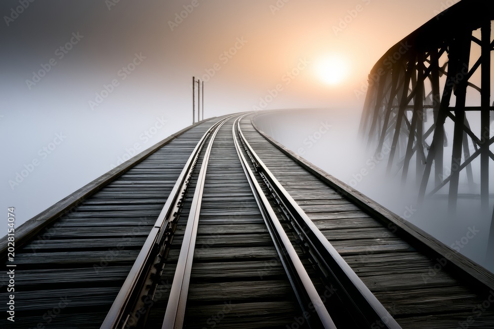 Obraz premium Foggy Railway Bridge at Sunrise with Soft Atmospheric Haze