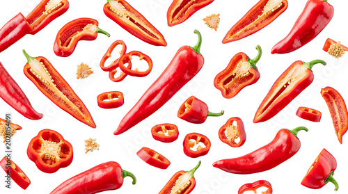 Canvastavla Vibrant red chili peppers, fresh and hot, whole and sliced, falling dynamically against a transparent background