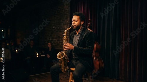 A man playing a saxophone sits on a stool indoors at night with a cello and people.