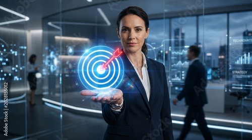 Businesswoman presenting target with arrow in modern office environment