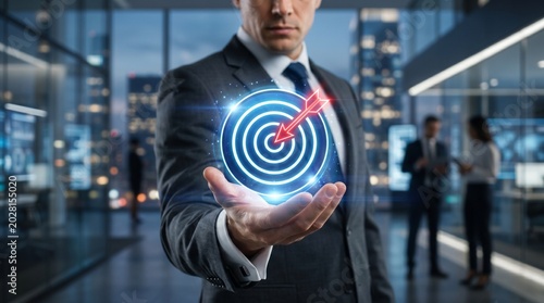 Businessman holding glowing target with red arrow in modern office