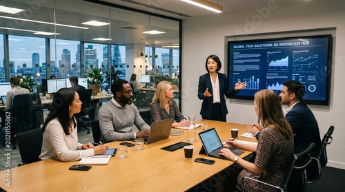 A businesswoman presents to diverse colleagues in a modern office meeting room with city view