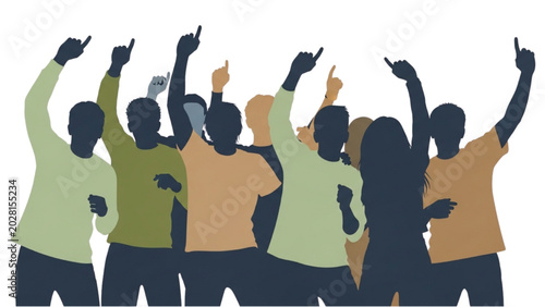 Schilderij op canvas A group of people are celebrating with their hands raised in the air together outdoors