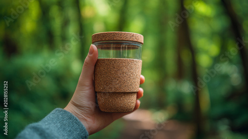 Person holding a reusable glass coffee cup with cork sleeve on blurred green forest background, eco friendly lifestyle concept