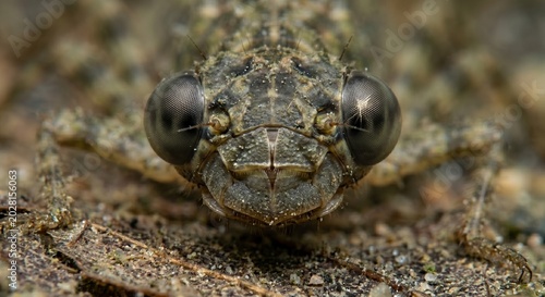 Gladiatorial portrait of dragonfly nymph face with folded labial mask