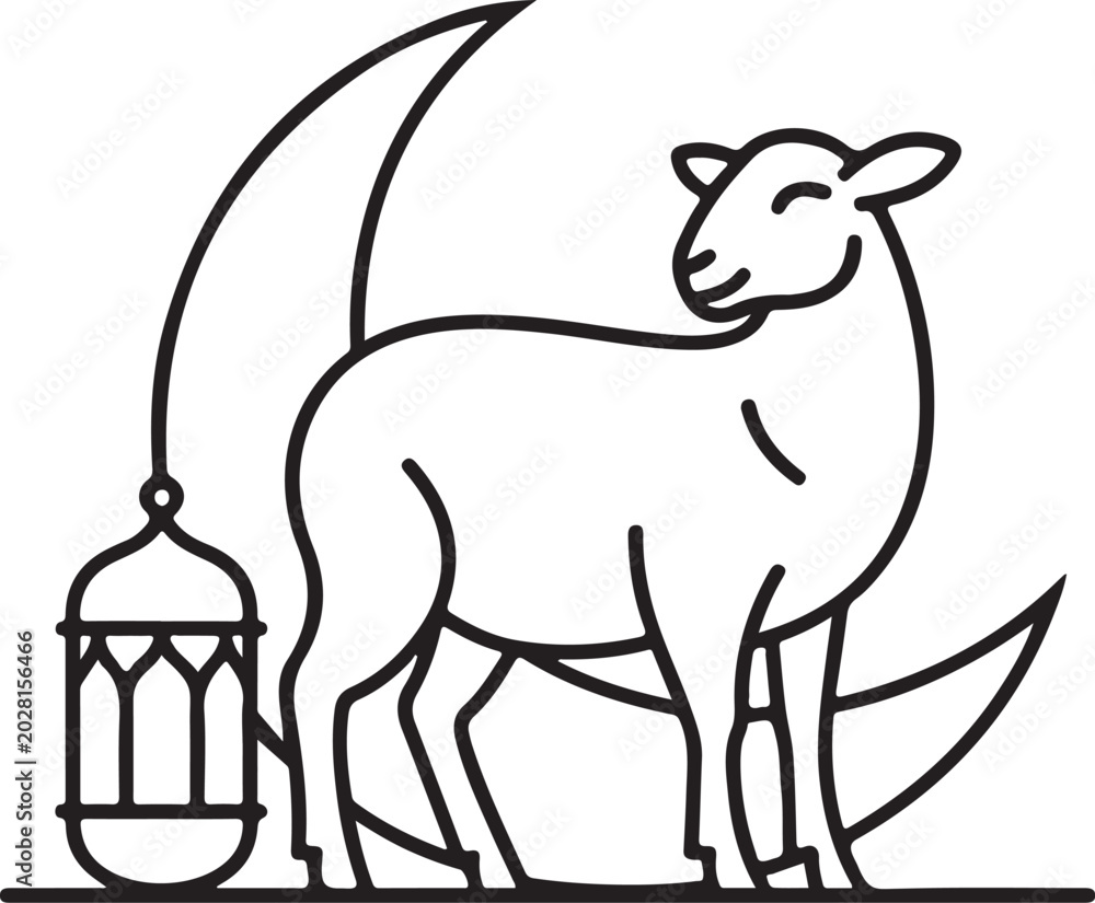 Fototapeta premium Eid al-Adha sheep line art, Islamic crescent moon, lantern vector