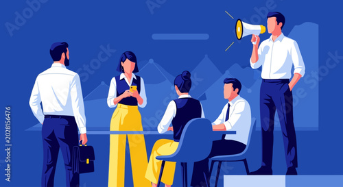 Business team, office workers, corporate people, communication, announcement
