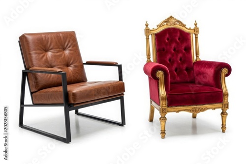A modern brown leather armchair with a black metal frame positioned next to an ornate, luxury royal throne made of red velvet and gold wood accents, isolated on a white background
