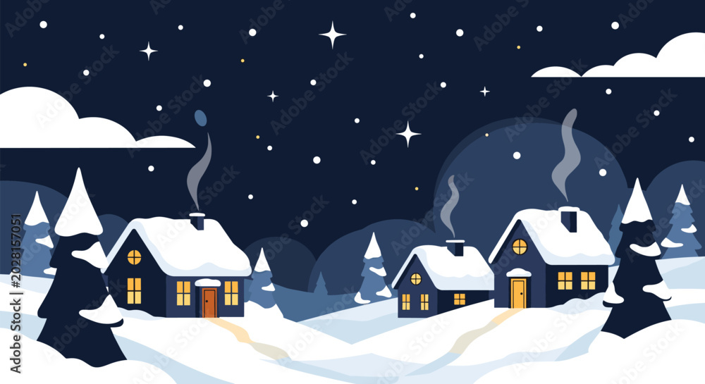 Naklejka premium Serene winter night scene of a snowy village with glowing houses and pine trees under a starry sky with smoke from chimneys.