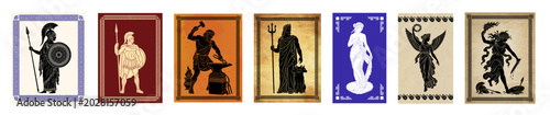 Photos Ancient Greek mythology figures on vintage papyrus parchment with ornamental mea