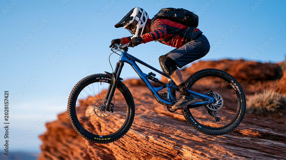 Obraz premium Extreme mountain biker launching off a red sandstone cliff edge at high altitude, bike fully airborne against a cerulean summer sky, perfect for adrenaline sports, outdoor adventure, and modern extr