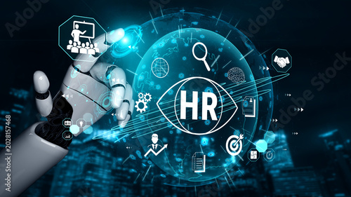 Photos Futuristic Human Resources Technology Concept with Digital Icons and Robotic Hand in a Corporate Environment Fluxor