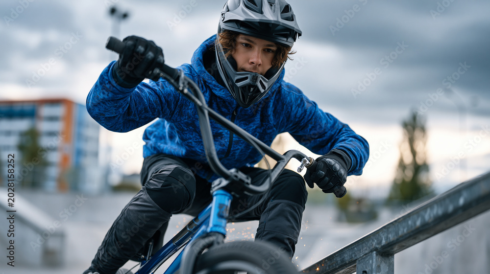Fototapeta premium Teenage BMX rider grinding a handrail at a concrete skatepark, sparks trailing the peg, dramatic overcast summer sky lending moody contrast, perfect for extreme urban sport, BMX culture, and contemp