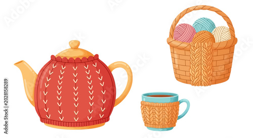 Cuadro en lienzo Cozy tea time, knitted kettle, basket, and mug, warm colors, vector icons