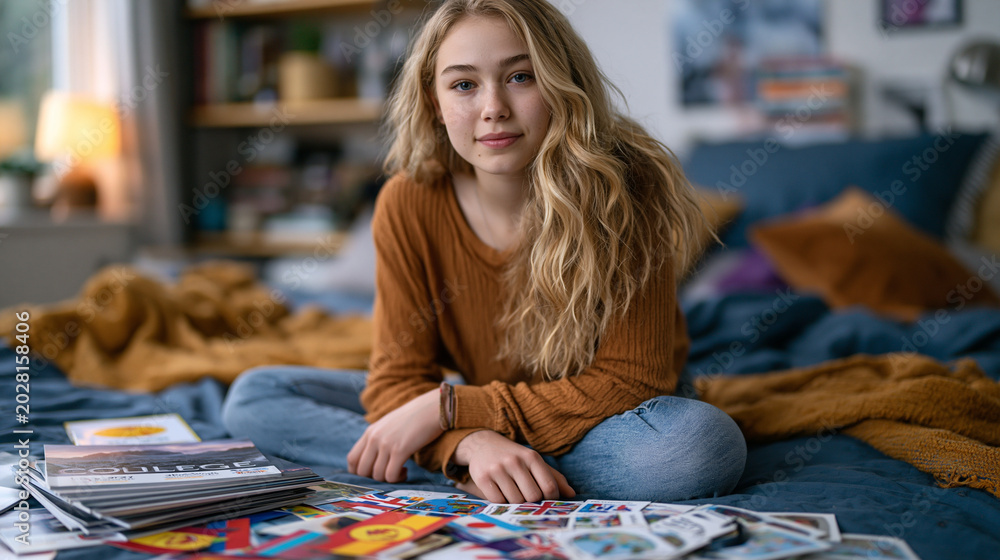 Fototapeta premium Teenage girl sits cross-legged on her bed surrounded by college brochures, cultural flags, and language-learning flashcards, mapping out a global identity on her duvet, ideal for teen identity disco