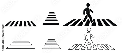 Bild auf Leinwand Pedestrian crosswalk icon set, zebra crossing vectors flat outline style, road safety sign and traffic walkway symbol collection for urban street crossing design and city transport illustration