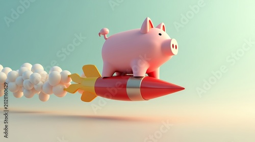 Piggy bank flying on a rocket conceptual 3D illustration.