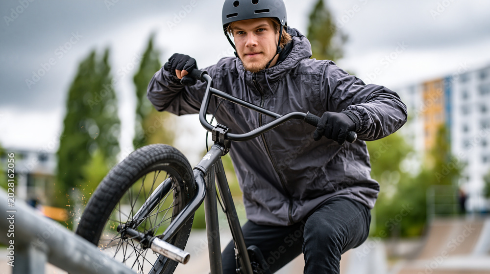 Obraz premium Teenage BMX rider grinding a handrail at a concrete skatepark, sparks trailing the peg, dramatic overcast summer sky lending moody contrast, perfect for extreme urban sport, BMX culture, and contemp