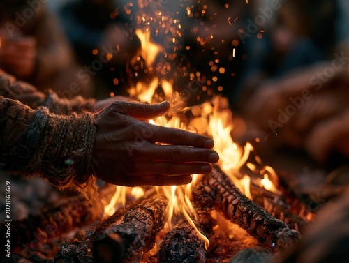 hands warming near campfire flames