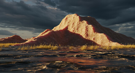 Leinwandbilder Grau A dramatic landscape photo captures a large mountain under a stormy sky with dry grass and mud in the foreground.  © A R