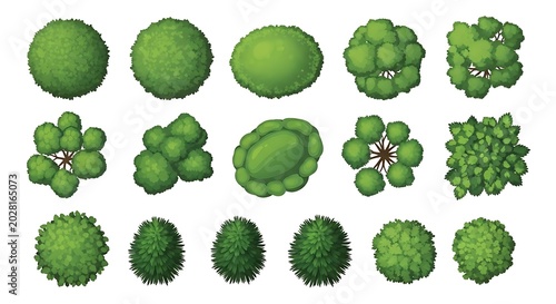 Set of top view green trees for architectural landscape design and map planning