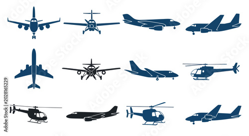 Tableau sur toile Collection of Blue Aircraft and Helicopter Silhouettes - Aviation Icons