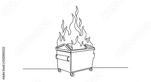 Burning dumpster fire, single line art, concept of chaos and crisis