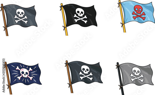 Schilderij op canvas Set of pirate flags with skull and crossbones jolly roger banners on wooden pole